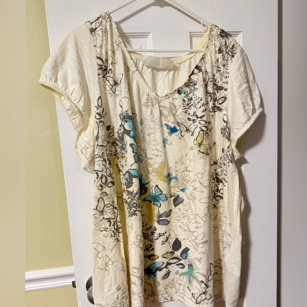 Vintage Avenue y2k Plus Size Cream and tan butterfly print blouse boho fairy 30